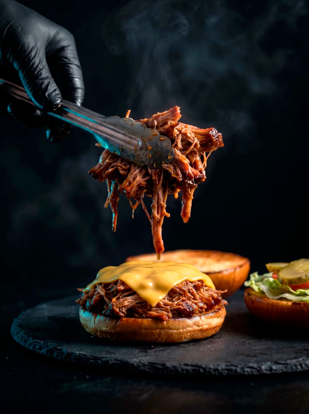Smash de cochinita pibil de Kaya Club: la carne cayendo sobre el queso fundido